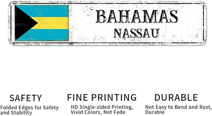 Bahamas Street Sign Custom Bahamas Flag Signs Capital City of Bahamas Metal Sign Road Wall Art Farmhouse Decorative Sign Rustic Home Decoration Gift for Foreign Friend, Neighbor 18x4inch