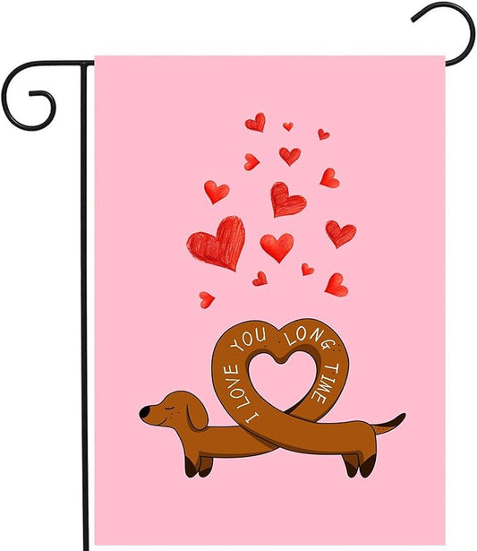 Dachshund Valentine Garden Flag Weiner Dog Valentines Day Yard Decorative for Outside 12x18 Double Sided I Love You Long Time Holiday Anniversary Banner