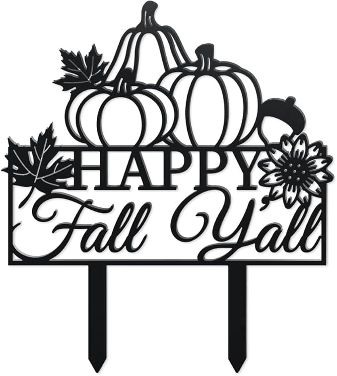 WADORN Fall Pumpkin Metal Decorative Garden Stakes, Funny Happy Fall Y'all Metal Outdoor Statues Funny Maple Leaves Black Silhouette Ornament Gifts for Thanksgiving Party Autumn Harvest Lawn Walkway