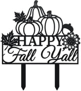 WADORN Fall Pumpkin Metal Decorative Garden Stakes, Funny Happy Fall Y'all Metal Outdoor Statues Funny Maple Leaves Black Silhouette Ornament Gifts for Thanksgiving Party Autumn Harvest Lawn Walkway