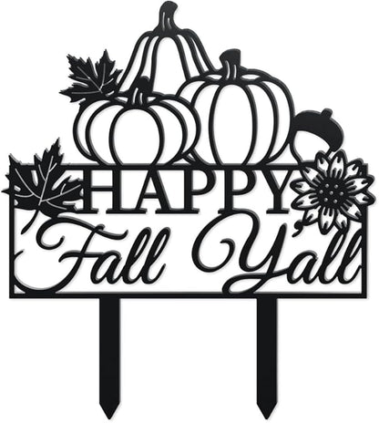WADORN Fall Pumpkin Metal Decorative Garden Stakes, Funny Happy Fall Y'all Metal Outdoor Statues Funny Maple Leaves Black Silhouette Ornament Gifts for Thanksgiving Party Autumn Harvest Lawn Walkway