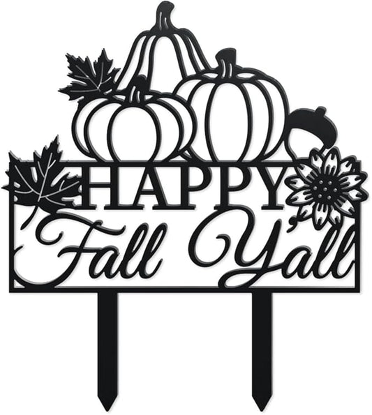 WADORN Fall Pumpkin Metal Decorative Garden Stakes, Funny Happy Fall Y'all Metal Outdoor Statues Funny Maple Leaves Black Silhouette Ornament Gifts for Thanksgiving Party Autumn Harvest Lawn Walkway