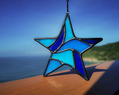 Blue Star Decoration Stained Glass Window Hanging,Glass Star Suncatcher for Living Room Bedroom Bathroom Kitchen, Birthday Gift for Boy Men Party