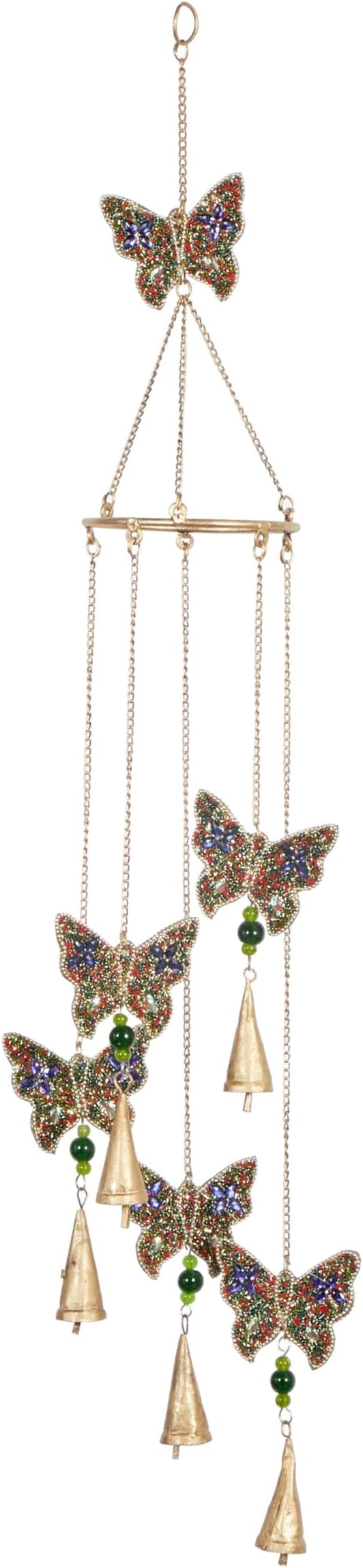 Deco 79 Metal Embellished Butterfly Windchime with Glass Beads and Cone Bells, 5" x 5" x 39", Gold