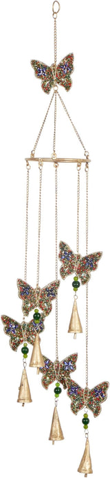 Deco 79 Metal Embellished Butterfly Windchime with Glass Beads and Cone Bells, 5" x 5" x 39", Gold