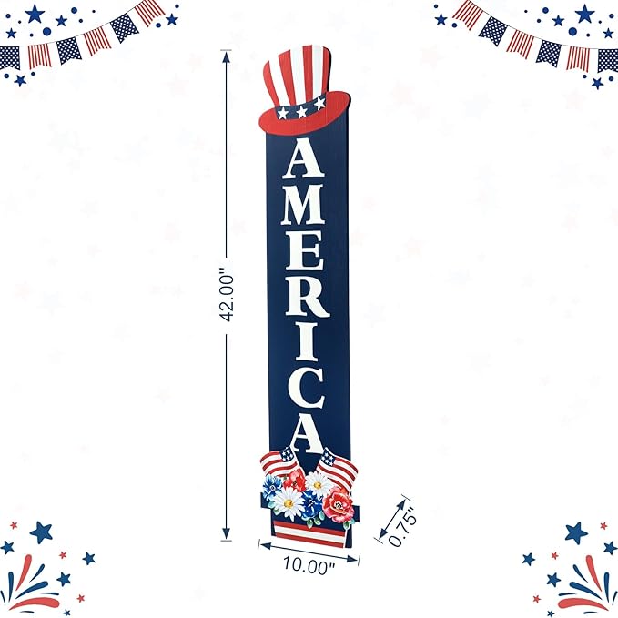 Glitzhome Patriotic 4th of July Independence Day Porch Sign Decor Memorial Day 42"H Americana Wooden "AMERICA" Porch Decor Hanging Sign Front Door Porch Standing Decorative Signs Plaques