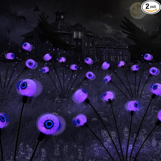 2PACK Scary Eyeballs Solar Garden Light Halloween Decorations Outdoor,Swaying Firefly with 12LED Purple Spooky Eyes Lights-Waterproof Ornaments Solar Halloween Lights for Lawn, Patio, Party Decor