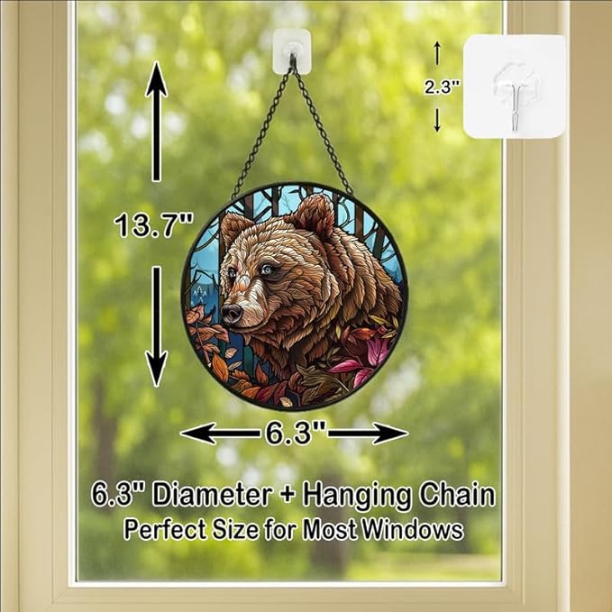 Stained Glass Window Hanging Bear with Leaves 6.3in Sun Catchers Panel for Indoor Decorative Display for Mom Wife Lovers Festive