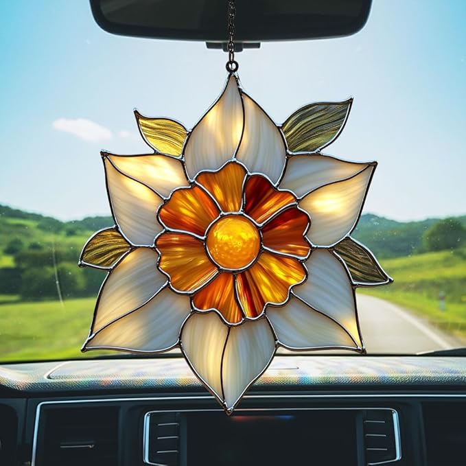 Narcissus Acrylic Suncatcher Stained Glass Effect Window Car Hanging Christmas Ornament Indoor Outdoor Decor Garden Sun Catcher Panel for Floral Lover for Women Mom Grandma