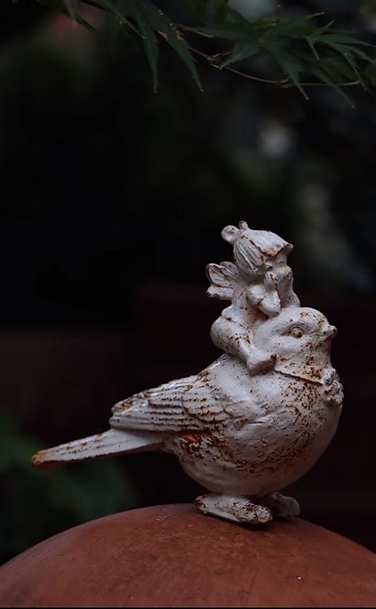 Cast Iron Fairy & Bird Garden Statue – Vintage Rustic Outdoor Decor, Heavy-Duty Metal Figurine for Patio Lawn Porch Flower Beds & Home Accents, Weather-Resistant Yard Ornament (White-B)
