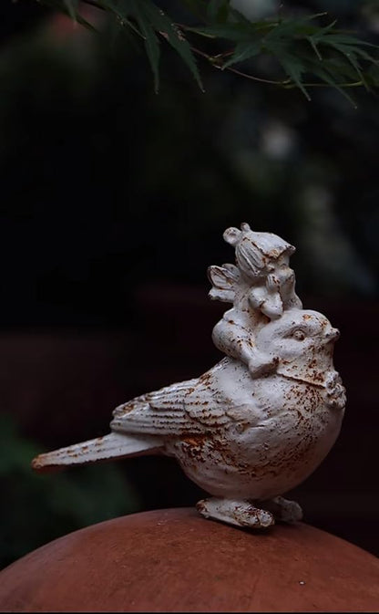 Cast Iron Fairy & Bird Garden Statue – Vintage Rustic Outdoor Decor, Heavy-Duty Metal Figurine for Patio Lawn Porch Flower Beds & Home Accents, Weather-Resistant Yard Ornament (White-B)