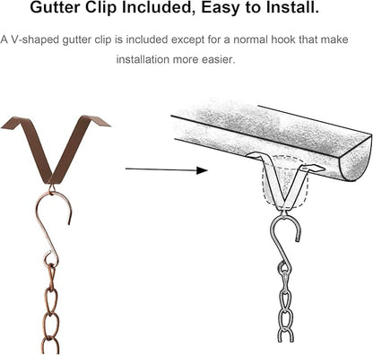 Glitzhome 8.5 FT Lotus Flower Rain Chains, Faux Copper Rain Chains for Gutters with 15 Cups, Adjustable Rain Catcher Chain with V-Shaped Gutter