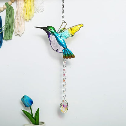 Hummingbird with Crystal Sun Catcher,Stained Glass Bird Suncatchers for Windows Hanging,Crystal Suncatcher Prism Hanging Ornament for Home Garden Party Decoration(Blue)