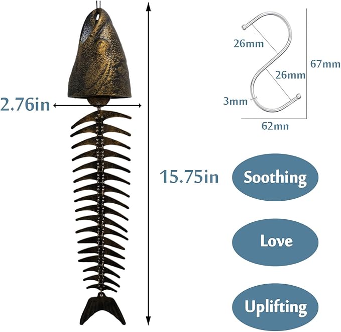 Fish Wind Chime, Durable Metal Fish Windchimes, Sound Crispy and Pleasant, Melodic Tones - Ideal for Patio, Garden, Porch, Yard, Balcony, and Poolside Ambiance