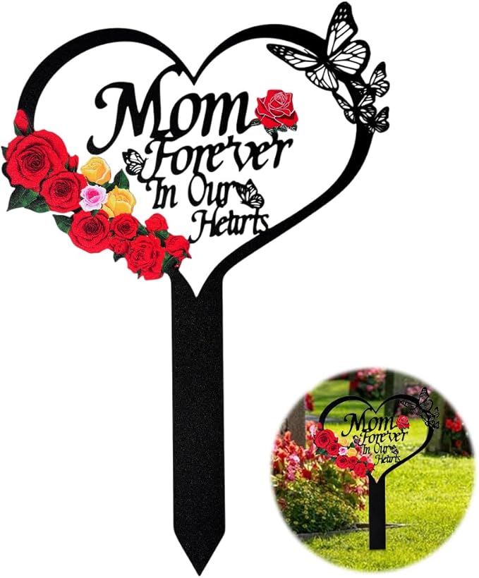 Memorial Grave Stake, Mom Forever in Our Hearts Grave Marker, Heart Grave Decorations for Cemetery, Metal Cemetery Decorations for Grave, Yard, Garden, Remembrance Grave Plaque for Mom