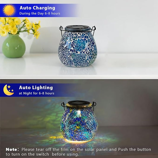 Stargarden 2Pack Mosaic Solar Lantern ,Outdoor Hanging Waterproof Mosaic Light Solar Table Lamp for Garden ,Patio,Yard Decor (Blue )