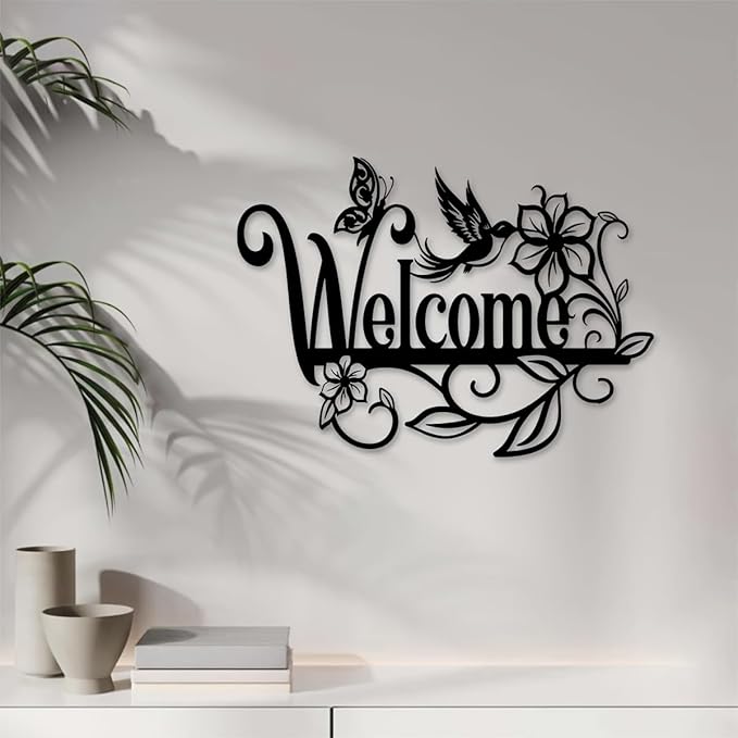 Welcome Sign Metal Wall Decor - Cursive Lettering with Floral Motifs, Vintage Outdoor Garden Art for Porch, Patio & Entryway - Durable Iron Construction - 15.75x11.34 Inch