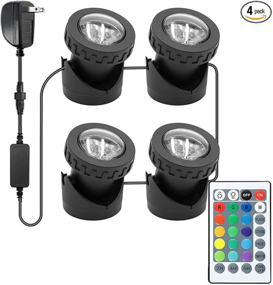 Colored Pond Lights with Timer, RGB Weighted Fountain Light IP68 Waterproof, Dimmable Outdoor Landscape Lights Fish Tank Pond Fountain Garden, 4 in Set