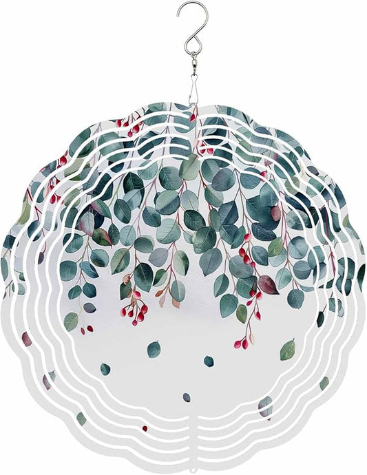 Stainless Steel Wind Spinner for Yard Garden Decoration, Leaves Branch Fruit Watercolor Spring Summer Round Wind Sculpture Spinner 3D Crafts Hanging Ornaments for Indoor Outdoor, 8 Inch