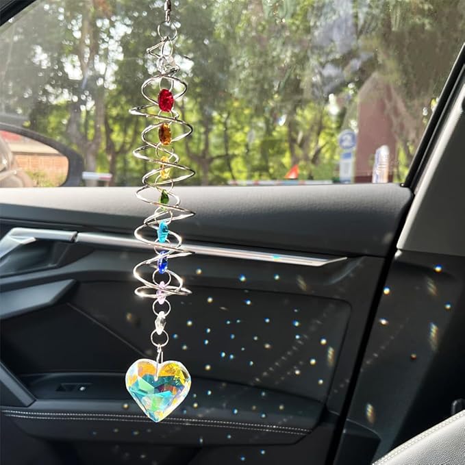 Big Heart Crystal Sun Catchers for Windows Hanging, Double-Spiral Design Gazing Ball Spiral Tail, Rainbow Maker Prism, Sun Catchers Indoor Window for Kitchen, Patio, Porch, Garden(AB-Silver)