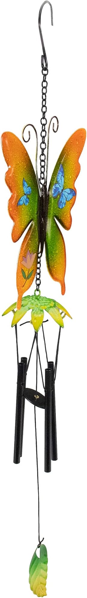 15.75" Orange and Green Metal Butterfly Outdoor Garden Windchime