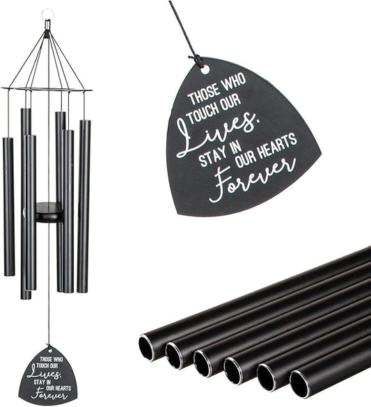 Evergreen Hand Tuned Memorial Wind Chime for Outside | Stay in Our Hearts Forever | Scale of A | Deep Tone | Powder-Coated Metal | Black | 30-Inches Tall | Sympathy Gift for Home Garden Decoration