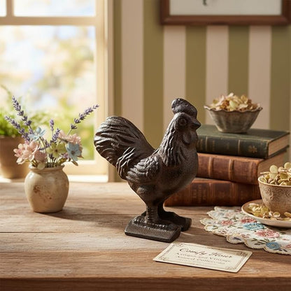 Comfy Hour 3.5" Cast Iron Rooster Figurine, Rustic Farmhouse Kitchen Decor, Vintage Brown Chicken Statue for Indoor Outdoor Garden Shelf Mantel, Country Home Office Ornament, 1 pc