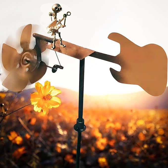 Handmade Metal Drummer Windmill, Drummer Music Figurines and Statues,Metal Art Musician Rocking Figurine Wind Mill for Garden Yard Lawn Patio (Guitarist)