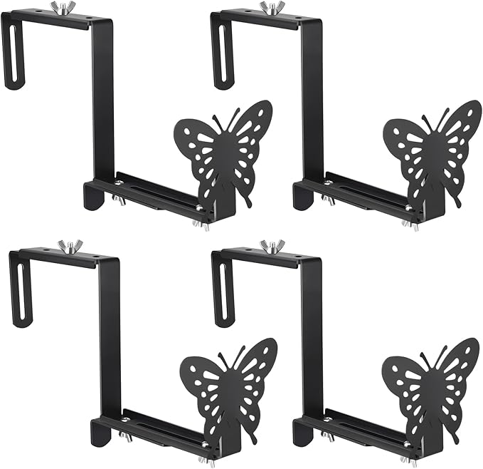 VIVIKEN Planter Box Bracket, Adjustable Hang Window Box Holder with Butterfly, Hanging Flower Pot Stand Brackets for Outdoor Patio Garden Fence Pergola Balcony Supporting Heavy Planters-4Pack