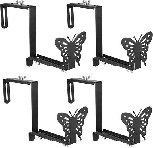 VIVIKEN Planter Box Bracket, Adjustable Hang Window Box Holder with Butterfly, Hanging Flower Pot Stand Brackets for Outdoor Patio Garden Fence Pergola Balcony Supporting Heavy Planters-4Pack