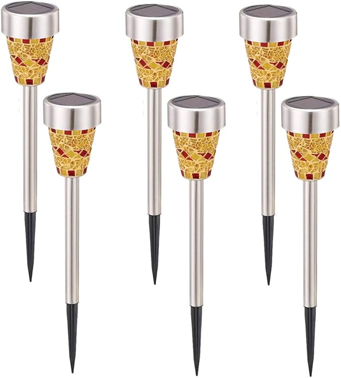 6Pcs Solar Mosaic Border Lawn Garden Lights, LED Mosaic Stake Lights Pathway Landscape Lighting for Patio Walkway Driveway Outdoor Christmas Garden Home Decoration (Orange/Yellow)