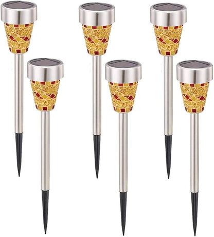 6Pcs Solar Mosaic Border Lawn Garden Lights, LED Mosaic Stake Lights Pathway Landscape Lighting for Patio Walkway Driveway Outdoor Christmas Garden Home Decoration (Orange/Yellow)