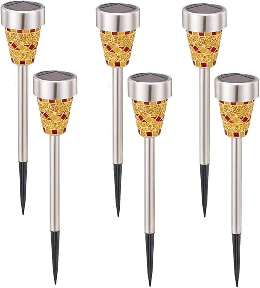 6Pcs Solar Mosaic Border Lawn Garden Lights, LED Mosaic Stake Lights Pathway Landscape Lighting for Patio Walkway Driveway Outdoor Christmas Garden Home Decoration (Orange/Yellow)