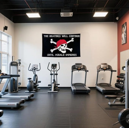 Pirtae Skull Flag 2X3Ft, Quote The Beatings Will Be Continue Until Morale Improves Flags,Double-Sided Printed, Funny Meme Flags, Men Women Banner, Fade Proof Vivid Color, Double Stitched with 2 Brass Grommets, Bar Garden Street Decoration, GYM, Office ...
