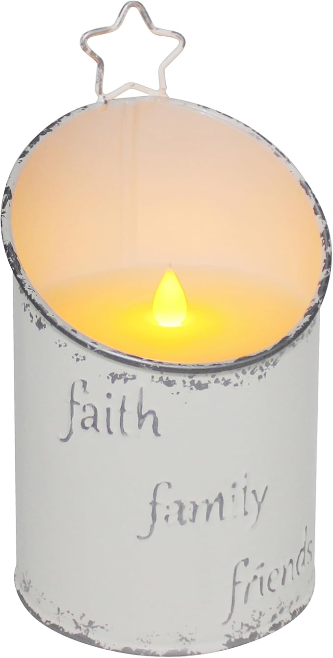 CVHOMEDECO. Vintage Galvanized Can Flameless LED Candle, Real Wax in Antique Galvanized Jar FFF Flickering Candle with Remote Control for Tabletop Wall Decor. H 8 Inch, Cream