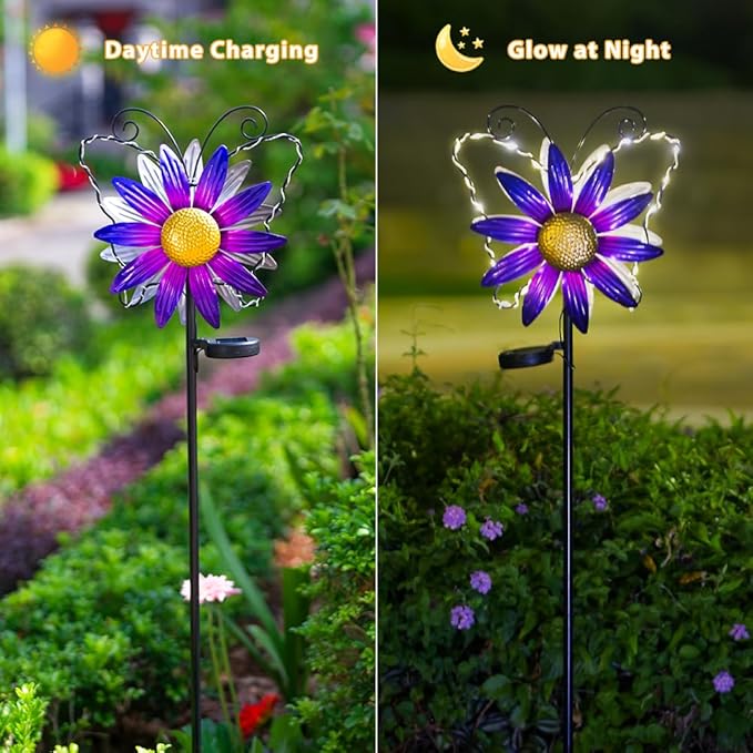 Solar Wind Spinners Outdoor,Butterfly Garden Windmill Metal Flower Wind Sculptures for Yard Art Lawn Decor(Purple)
