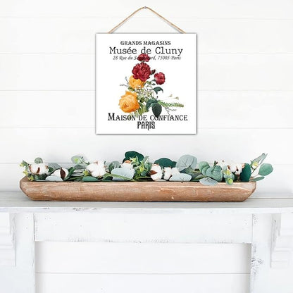 Vintage Wood Home Decor Sign 8x8 Inch French Vintage Floral Farmhouse Wooden Sign for Front Door Entrance Indoor Outdoor Garden Patio Yard Rustic Wall Art Craft Hanging Signs