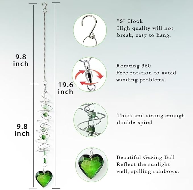 Big Heart Crystal Sun Catchers for Windows Hanging, Double-Spiral Design Gazing Ball Spiral Tail, Rainbow Maker Prism, Sun Catchers Indoor Window for Kitchen, Patio, Porch, Garden(Green)