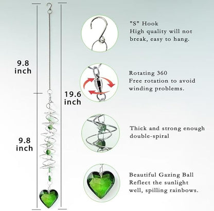 Big Heart Crystal Sun Catchers for Windows Hanging, Double-Spiral Design Gazing Ball Spiral Tail, Rainbow Maker Prism, Sun Catchers Indoor Window for Kitchen, Patio, Porch, Garden(Green)