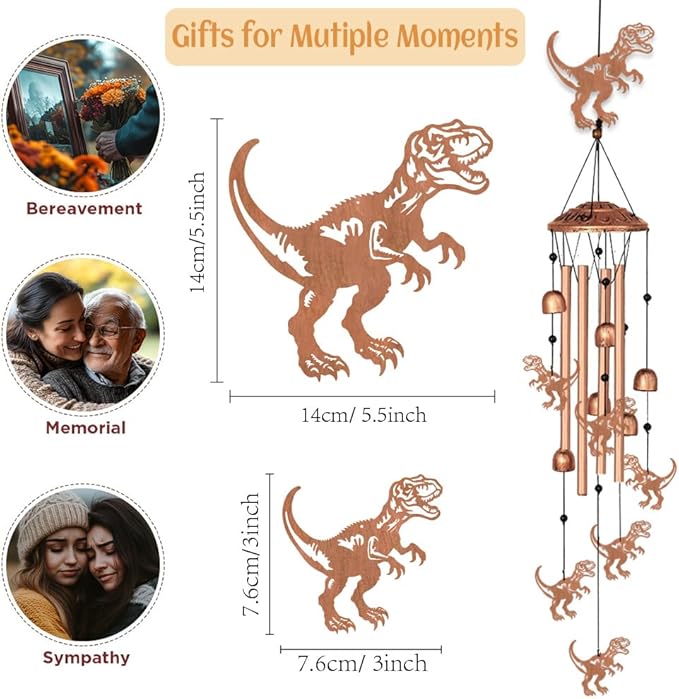 Dinosaur Wind Chimes for Outside Garden Wind Chime Dinosaur Wind Chimes Outdoor Memorial Sympathy Gifts for Women Men Metal Windchimes for Outdoors, Indoors, Patio, Garden, Yard, Home Decor