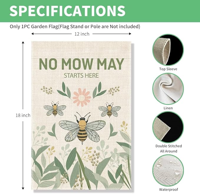 Perfectinsoy No Mow May Starts Here Garden Flag, Pollinator Garden Yard Sign, Community Progress Welcome Yard Home Backyard Porch Patio Lawn Farmhouse Bee Outdoors Decor, No Mow Yard Sign
