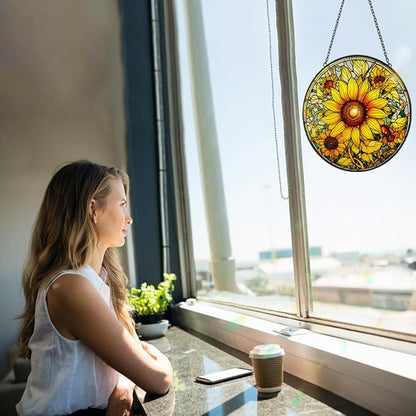 Sunflower Decor Suncatcher Stained Glass Window Hanging - 8” Handmade Suncatchers for Windows Hanging - Sun Catchers Wall Home Garden Decor Glass Panels - Mothers Day Birthday Gifts for Mom Grandma