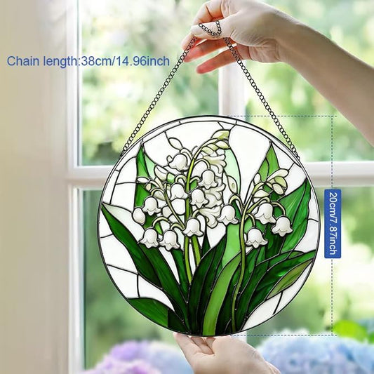 Stained Glass Window Hanging, Spring Lily of The Valley Flower Suncatcher for Window Doors Garden Home Decor, Green Plants Colorful Glass Panel Ornaments for Women,Men,Wife, Lovers, and Mom 7.8 in