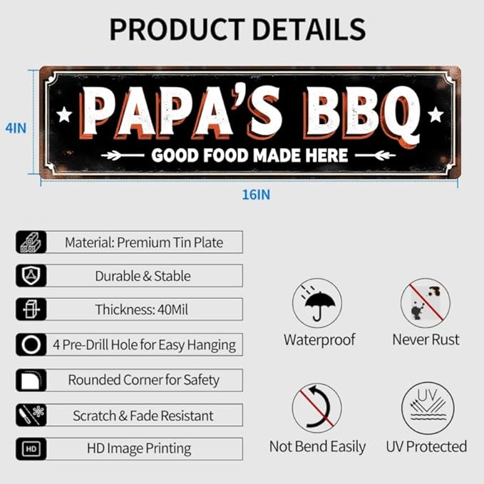 BBQ Restaurant Tin Decor 16 * 4 Inches "PAPA'S BBQ GOOD FOOD MADE HERE" Restaurant/Patio Wall Art - Retro BBQ Accent, Southern Decor, BBQ Metal Sign