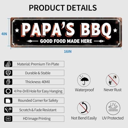 BBQ Restaurant Tin Decor 16 * 4 Inches "PAPA'S BBQ GOOD FOOD MADE HERE" Restaurant/Patio Wall Art - Retro BBQ Accent, Southern Decor, BBQ Metal Sign