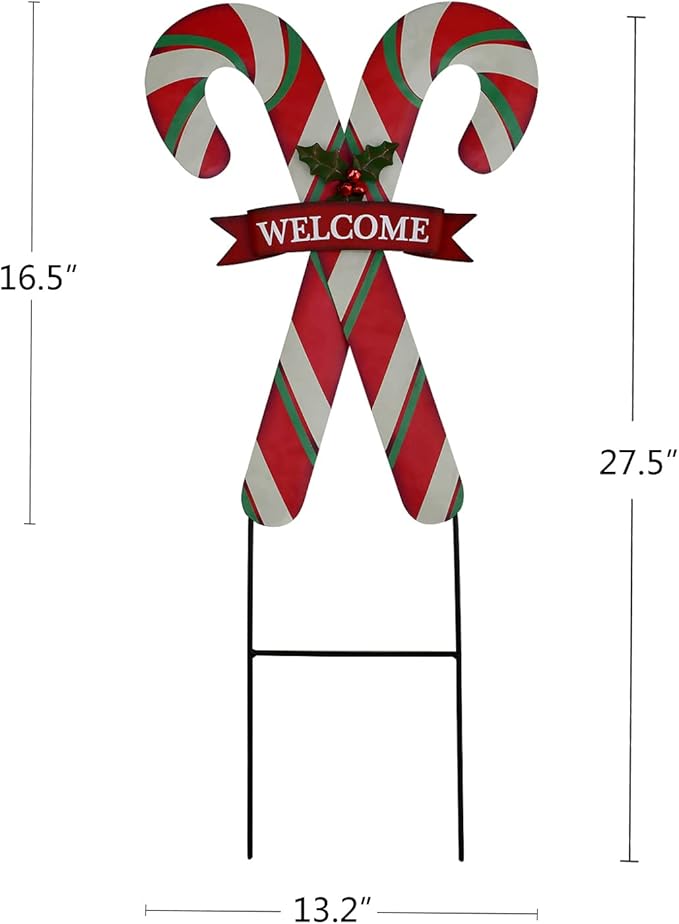 Christmas Candy Cane Garden Stake Decor, Metal Candy Cane Hanging Welcome Sign Outdoor Yard Sign Lawn Stake 27.5"H, Merry Christmas Yard Decor Xmas Holiday Decoration