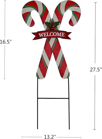 Christmas Candy Cane Garden Stake Decor, Metal Candy Cane Hanging Welcome Sign Outdoor Yard Sign Lawn Stake 27.5"H, Merry Christmas Yard Decor Xmas Holiday Decoration