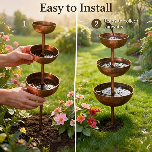 Rain Catcher - Plant Support, Metal Garden Ornament, 3-Tiered Rain Catcher Garden Stake with Water Bowl, Bee Watering Station, Bird Bath & Butterfly Feeder, for Yard, Gardens (1pcs)