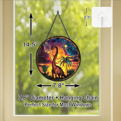 Stained Glass Window Hanging - Brachiosaurus with Sunset Palms Sun Catchers Indoor Stained Glass Panels Wall Decor for Mom,Wife,Lovers,Festive