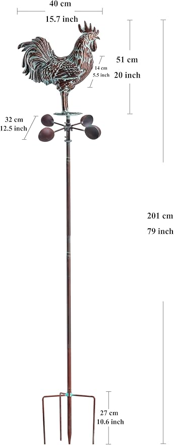 Metal Rooster Wind Spinner for Yard and Garden Statue Décor,79" Antique Copper Chicken Yard Spinner Outdoor,Kinetic Wind Sculptures & Spinners,Metal Animals Garden Stake for Patio,Lawn,Backyard